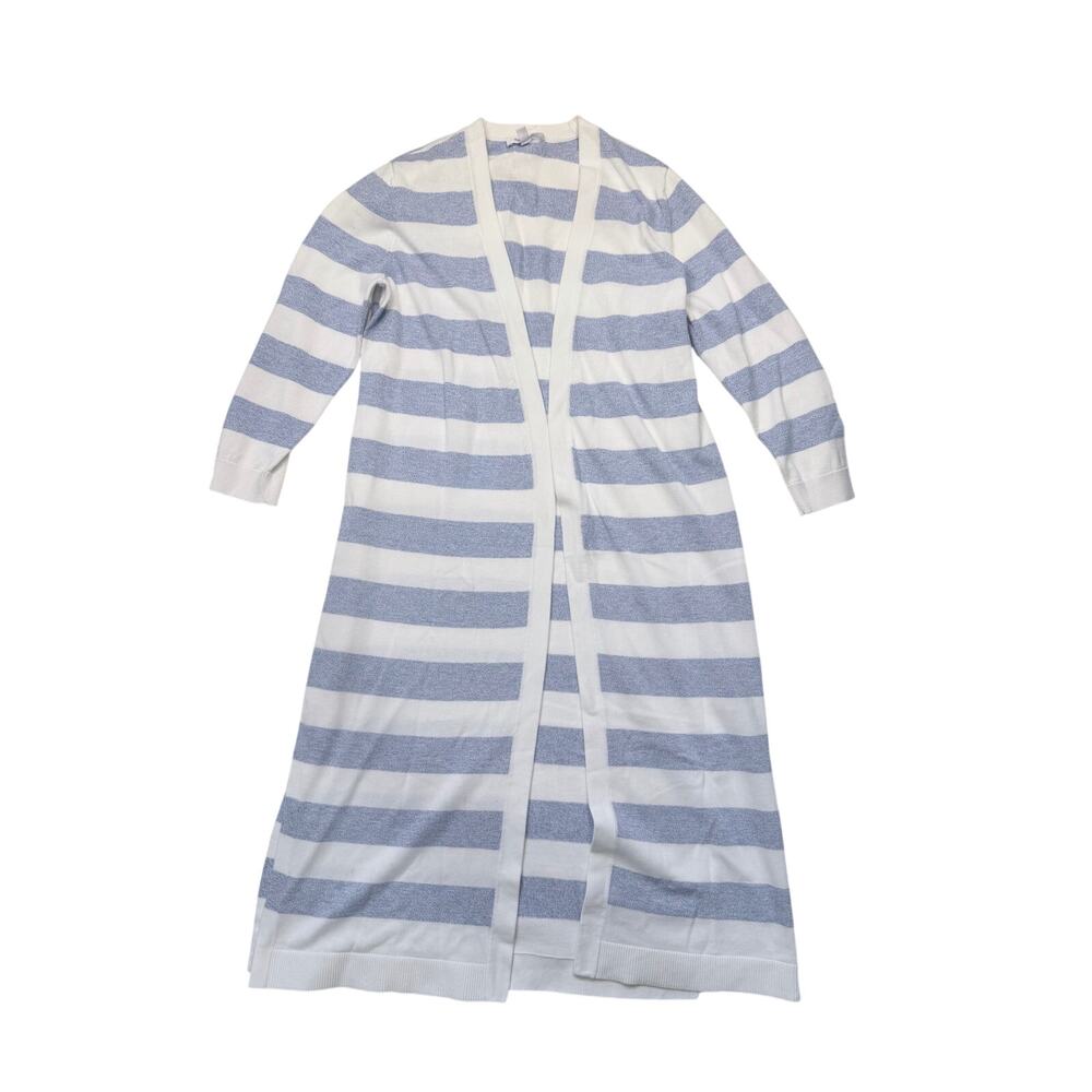 Talbots Longline Cardigan Duster Size Small Blue White Stripe 100% Pima Cotton - Picture 3 of 13